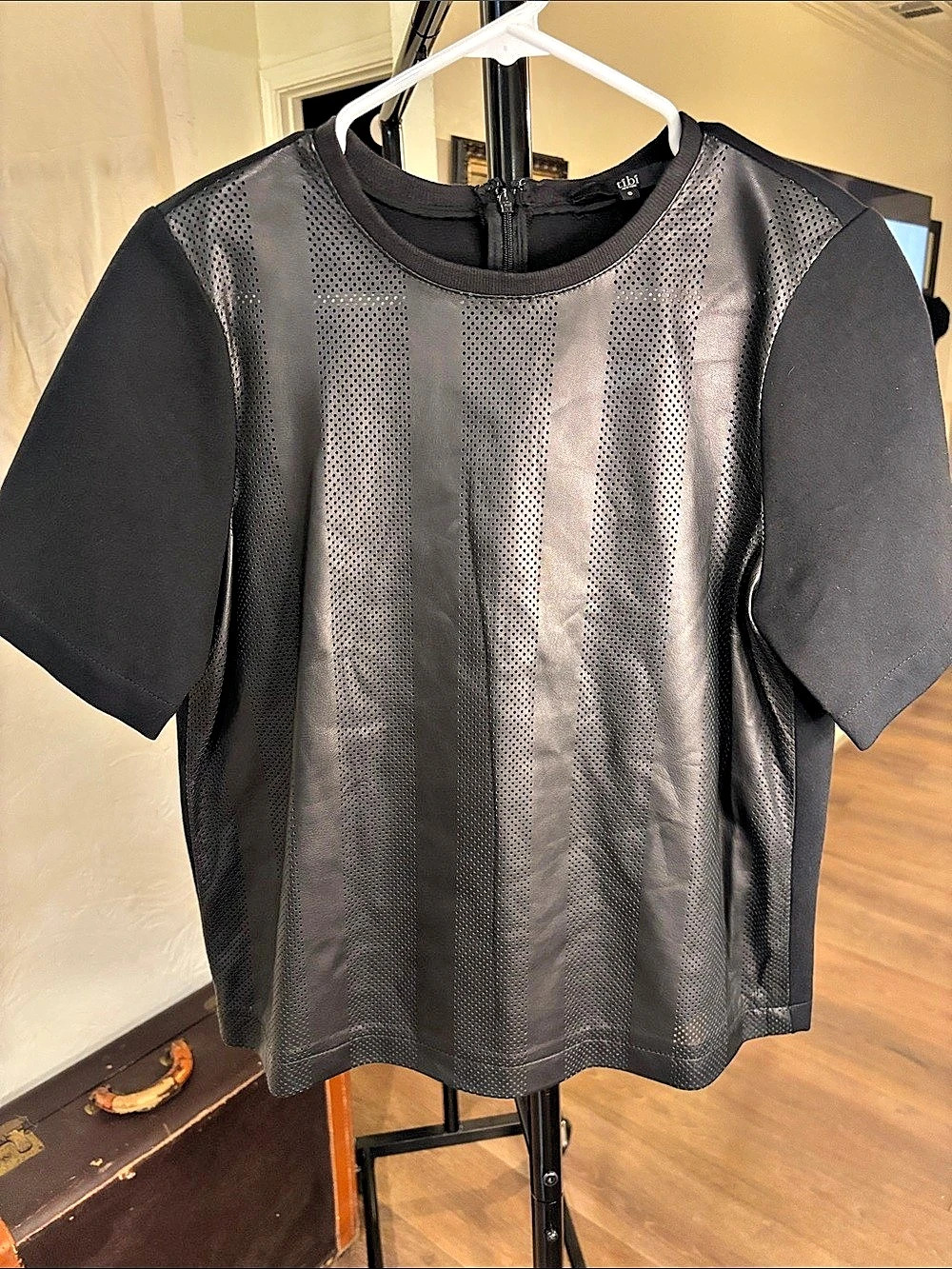 tibi Perforated Leather Short Sleeve Top Black Size 6